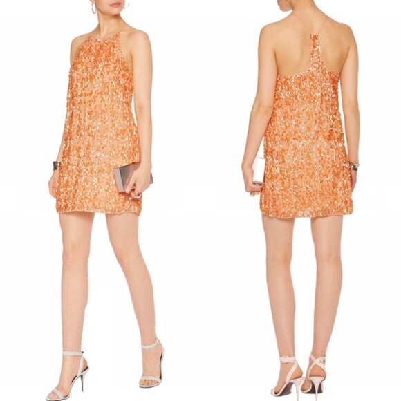 HALSTON HERITAGE Peach Orange Sequin Miini Dress, Size 0 - Picture 3 of 5